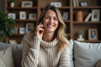 Femme souriante dans un salon avec smartphone
