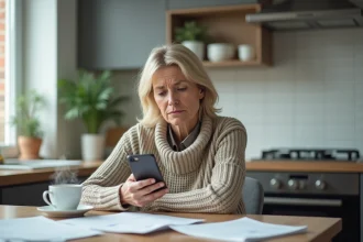 Femme d'âge moyen sceptique avec smartphone dans la cuisine