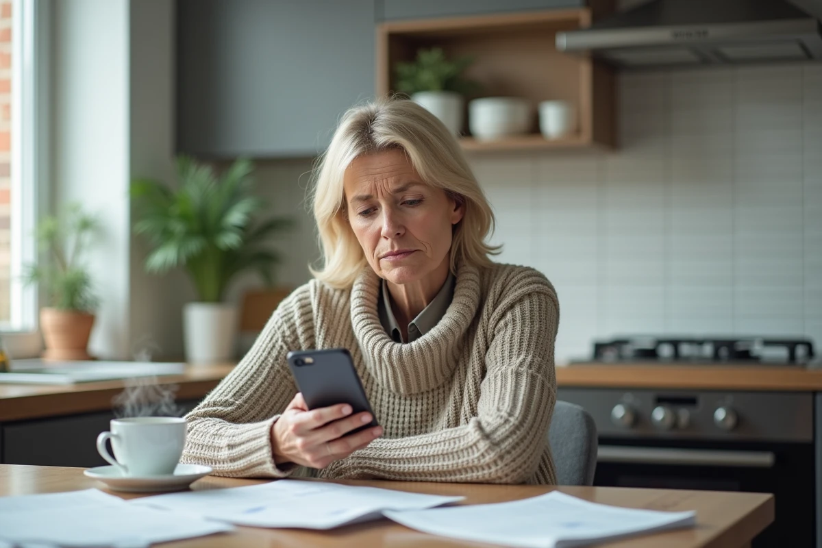Femme d'âge moyen sceptique avec smartphone dans la cuisine