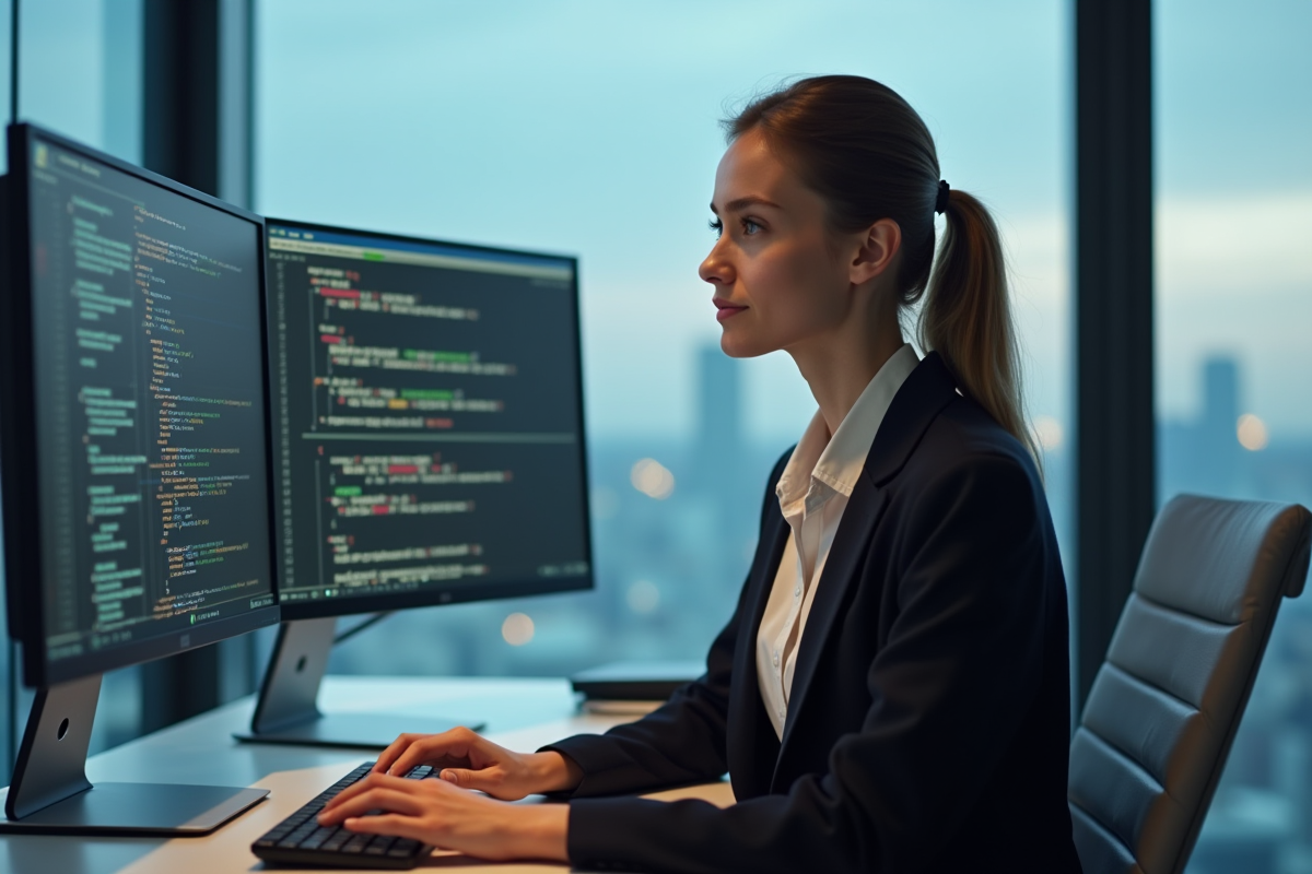 Jeune femme en bureau moderne surveillant des graphiques de securite informatique