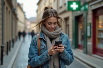 Femme en denim et foulard marche dans Avant Seyne