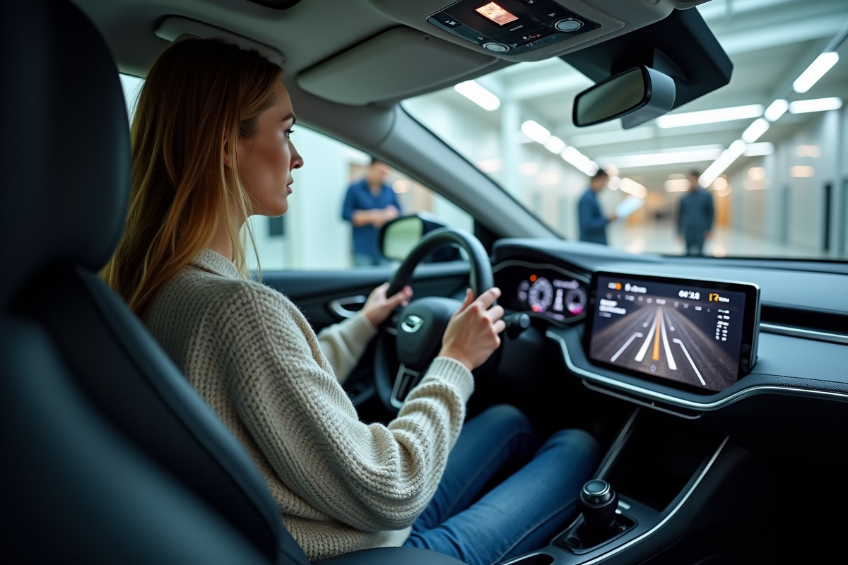 Femme dans un véhicule autonome en centre d