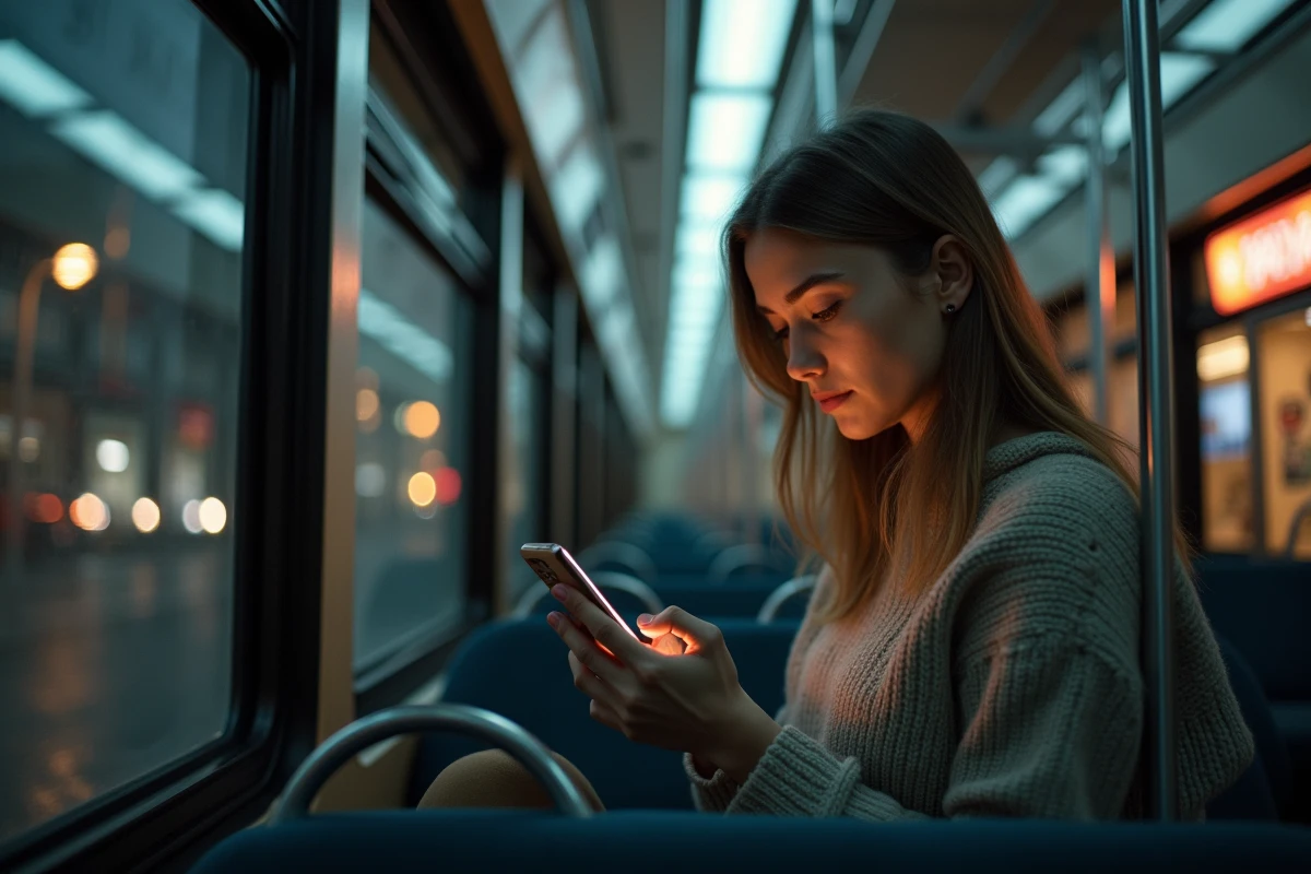 Femme regardant son smartphone dans un tram urbain la nuit