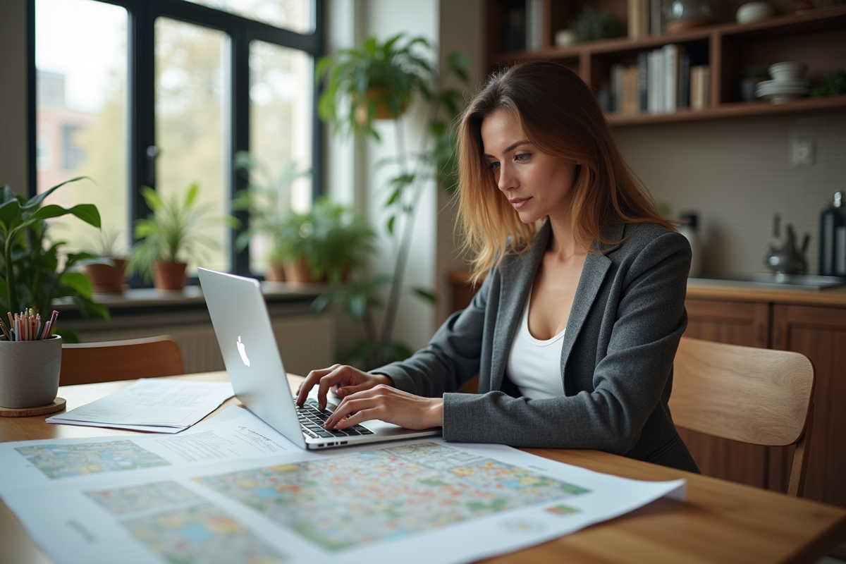 Femme utilisant un ordinateur dans un appartement lumineux