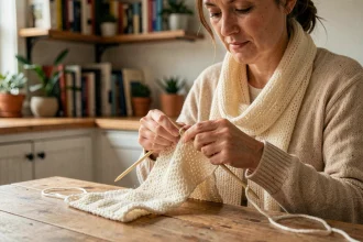 Femme adulte tricotant une écharpe en laine à la maison pour réduire l'anxiété grâce aux travaux manuels