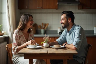 Couple mixte franco-turc partageant un repas dans un appartement d'Istanbul, symbolisant le mariage interculturel entre une femme turque et un homme européen