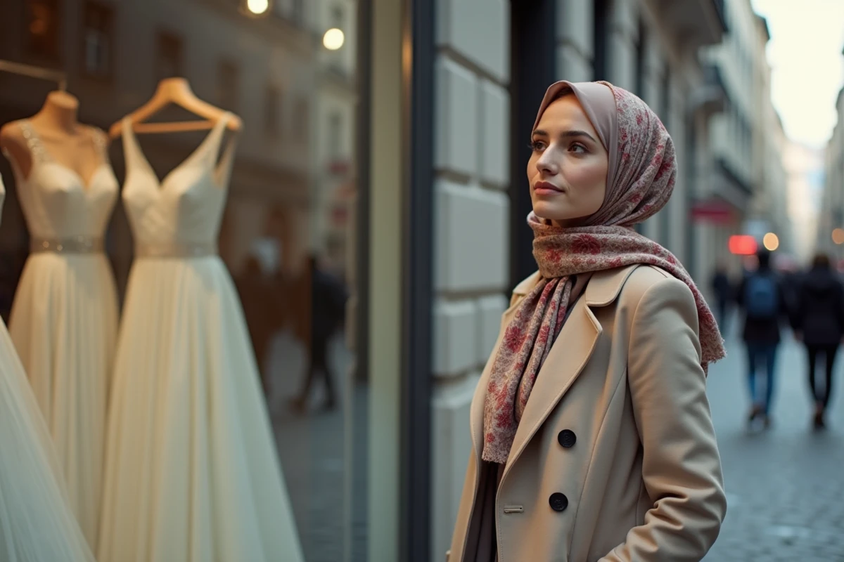 Femme turque portant un foulard devant une vitrine de robes de mariée en Europe, illustrant les défis culturels du mariage mixte