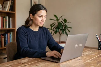 Femme utilisant ChatGPT en français sur un ordinateur portable dans un bureau à domicile