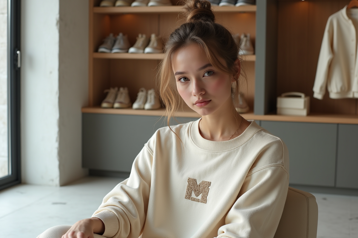 Femme stylée examine un sweat dans une boutique minimaliste