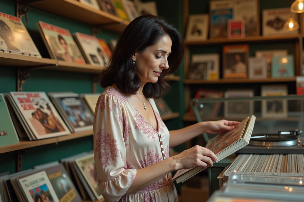 Femme parcourant des vinyles de grands chanteurs français des années 80 dans un magasin de disques vintage parisien