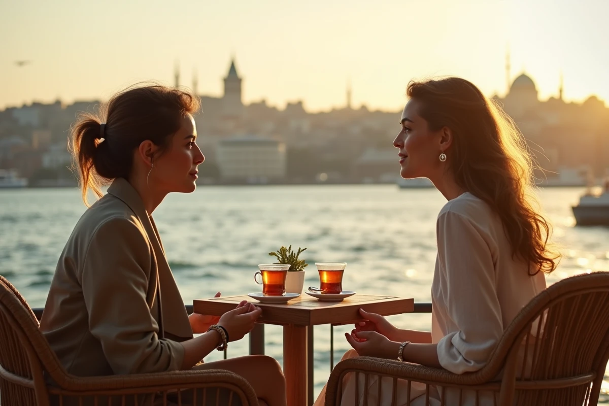 Deux femmes, l'une turque et l'autre européenne, discutant autour d'un thé sur une terrasse avec vue sur le Bosphore, évoquant les regards croisés sur le mariage interculturel