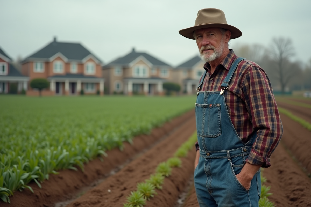 Fermier en champs face à l'urbanisation croissante