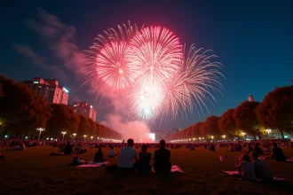 Feu d'artifice du 14 juillet à Villeneuve d'Ascq avec foule de spectateurs dans un parc urbain