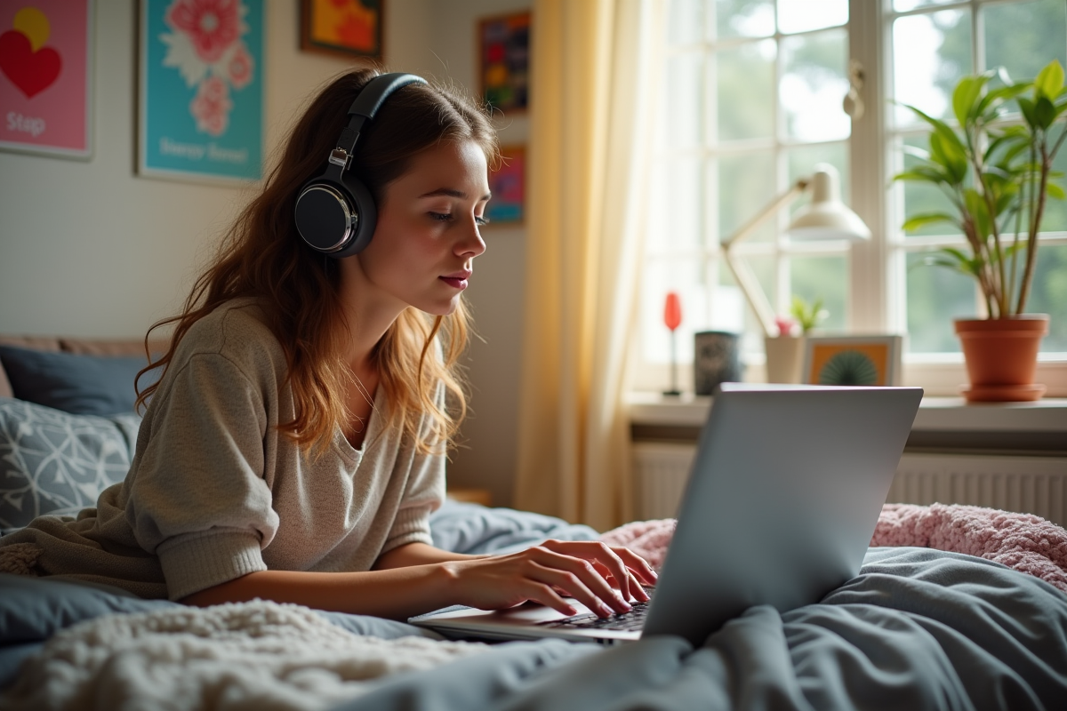 Jeune femme dans sa chambre avec ordinateur et écouteurs