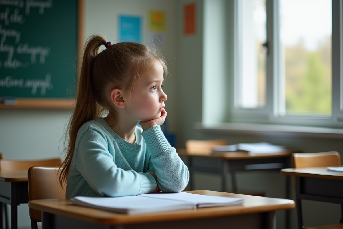 Fille de 10 ans pensant à son bureau d
