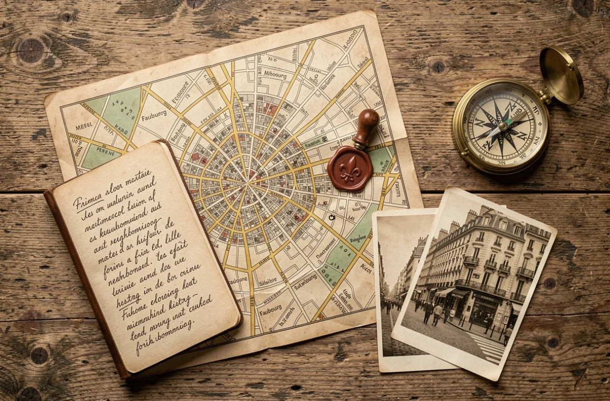 Flat-lay éditorial d'une carte ancienne de Paris ouverte sur les faubourgs, un carnet de notes manuscrites et des objets historiques sur bois brut