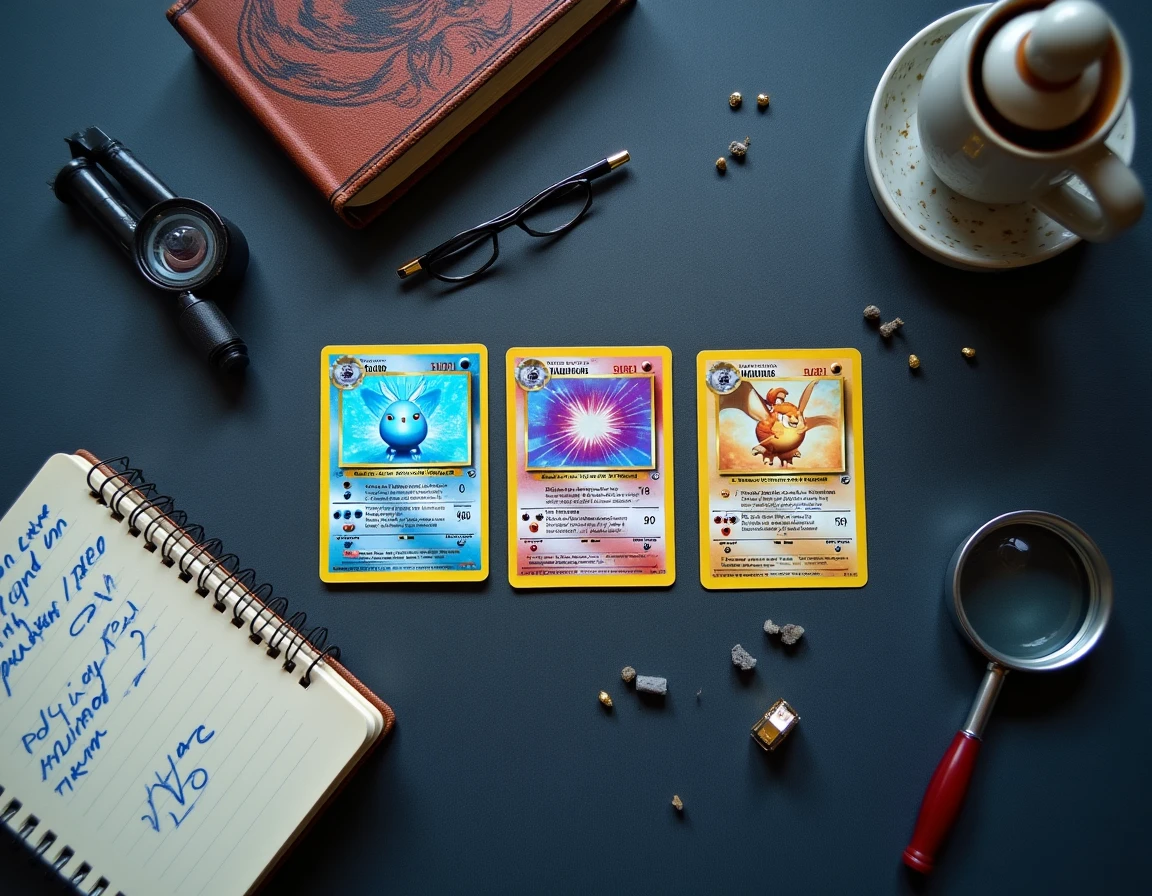 Vue aérienne de cartes Pokémon rares holographiques posées sur un tissu feutre sombre avec des notes de prix manuscrites et une loupe pour estimation de valeur