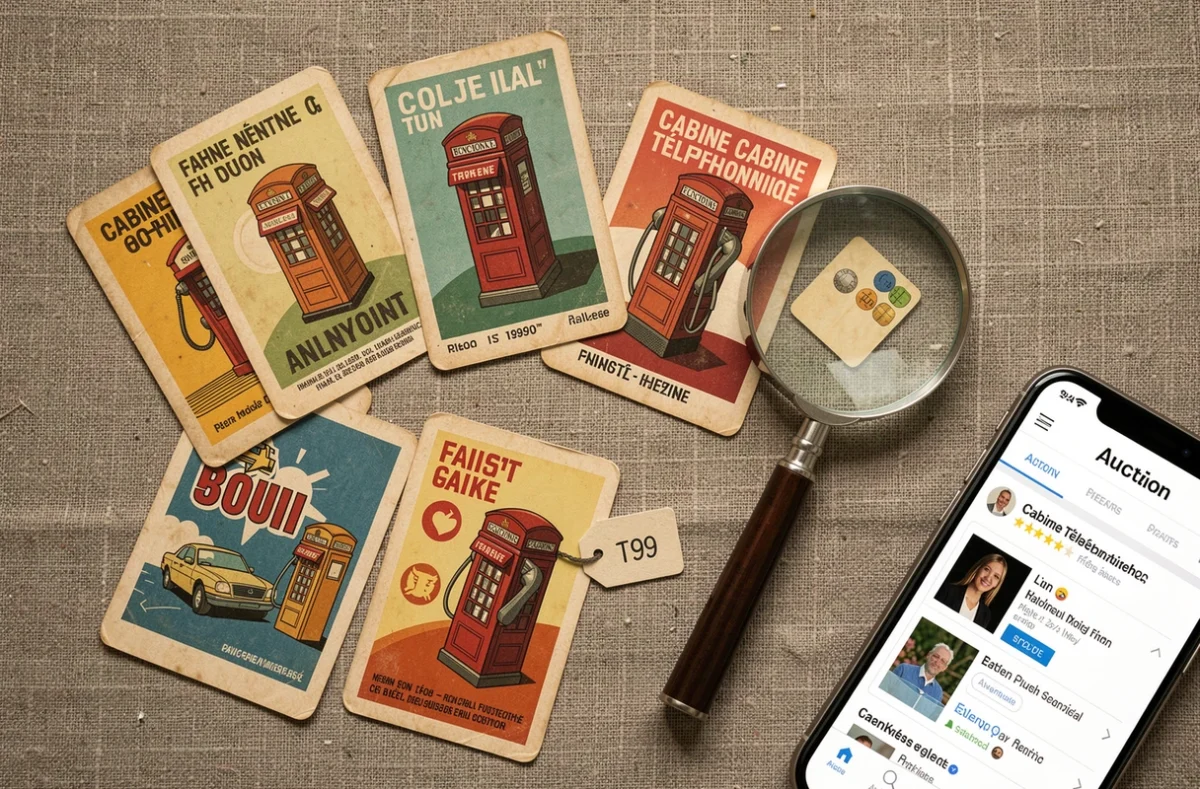 Collection de cartes téléphoniques cabine françaises disposées en flat-lay pour une vente en ligne