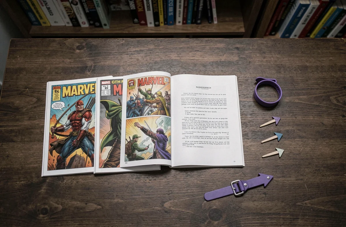 Mise à plat de comics Marvel Hawkeye Barton et accessoires illustrant les différences entre les versions comics et MCU
