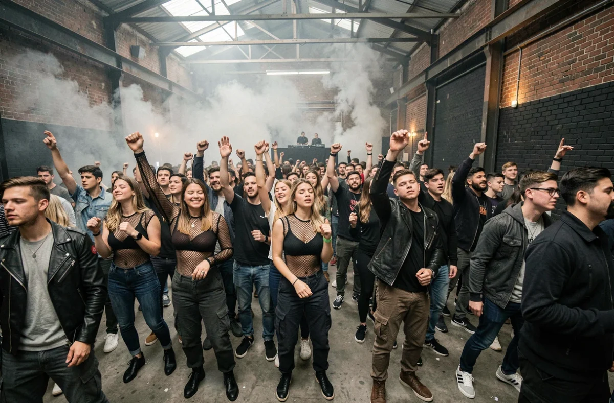 Foule de jeunes adultes dansant dans un entrepôt industriel converti en club techno, ambiance warehouse avec brume et architecture en béton et acier