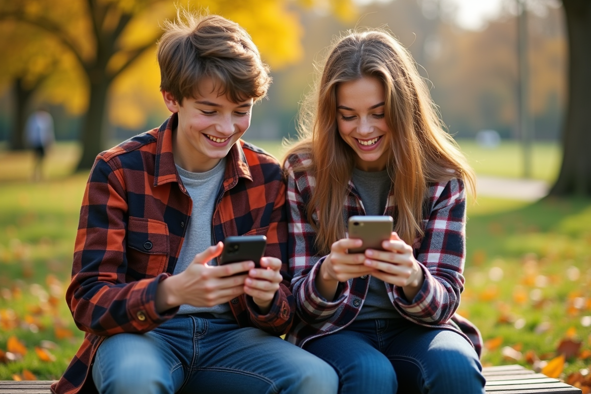 Freres échangeant des messages sur un banc au parc en automne