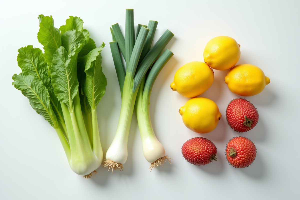 Arrangement de fruits et légumes commençant par L sur un plan blanc