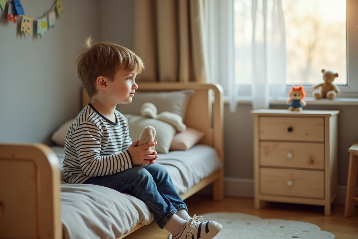 Garçon de 8 ans assis sur son lit dans une chambre chaleureuse