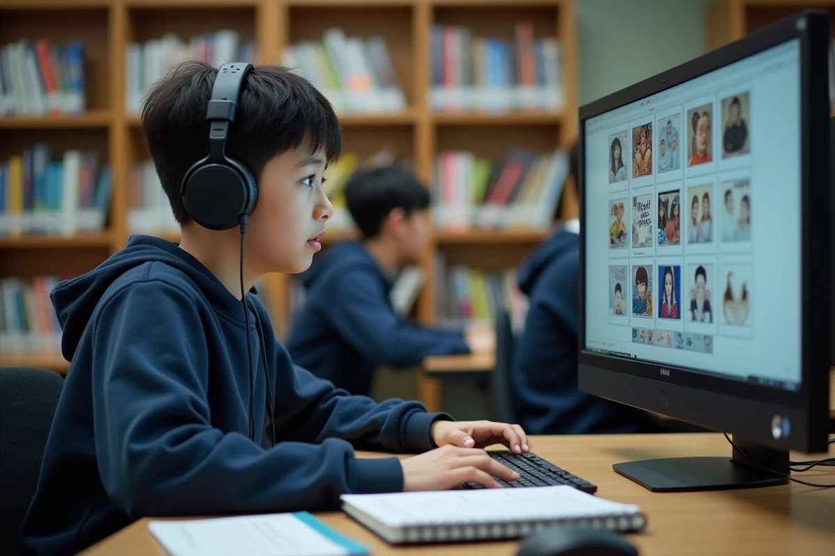 Garçon étudiant regardant manga à la bibliothèque