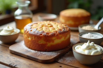 Gâteau maison frais sur une table en bois avec substituts naturels