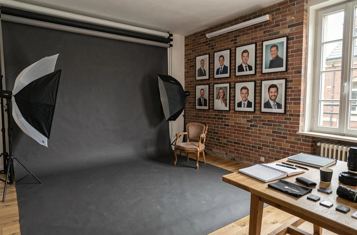 Intérieur du GB Studio Photo à Toulouse avec fond gris anthracite, chaise de pose et portraits commerciaux encadrés sur mur en brique