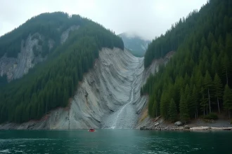 Cicatrice de glissement de terrain sur les pentes boisées d'un fjord en Alaska, vue depuis l'eau, évoquant le tsunami de 1958 à la baie de Lituya