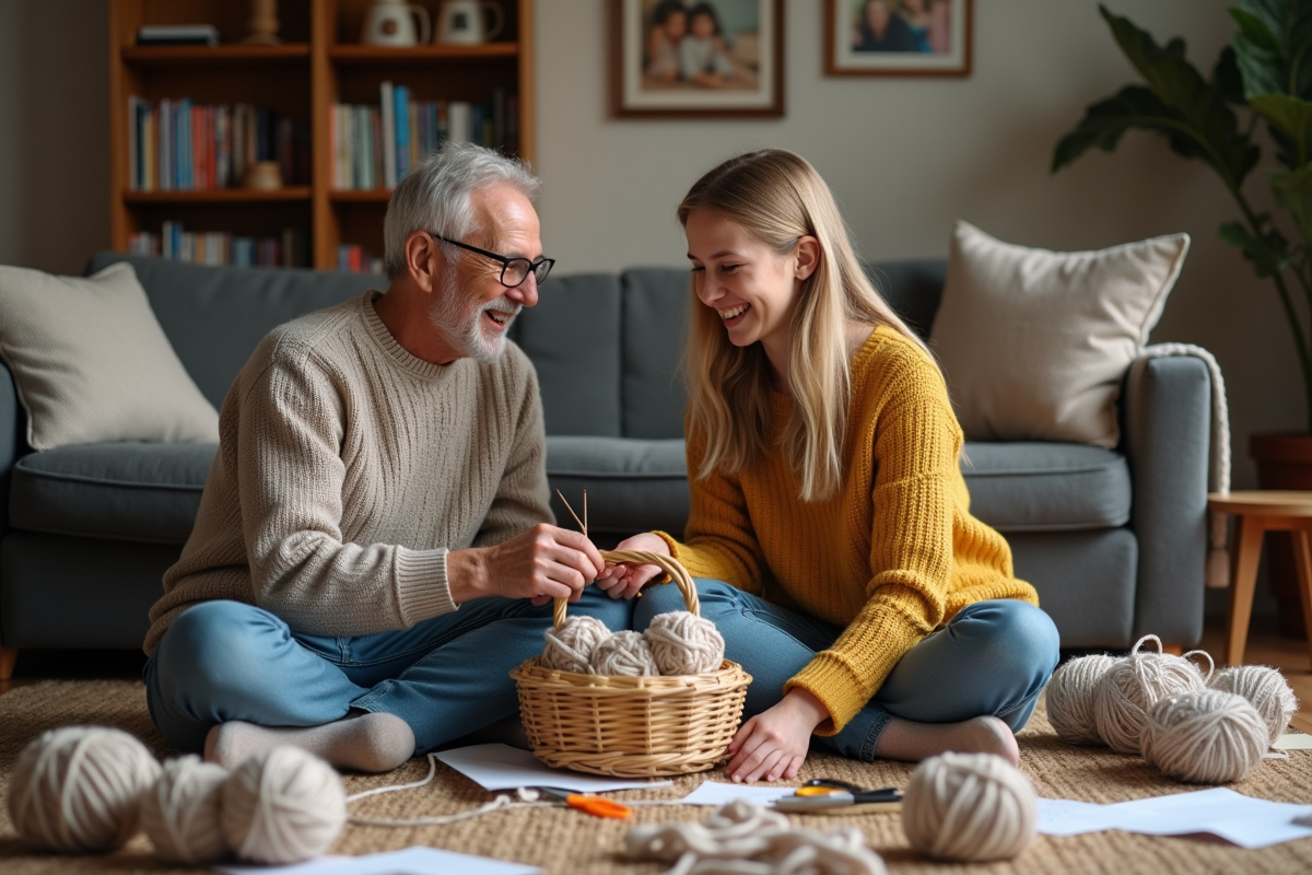 Grand-pere et fille tricotant ensemble dans le salon