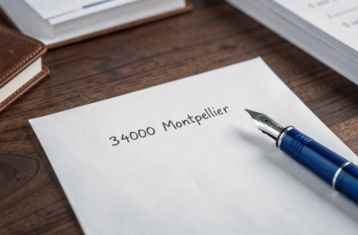 Gros plan d'une enveloppe manuscrite avec l'adresse et le code postal 34000 Montpellier correctement indiqués