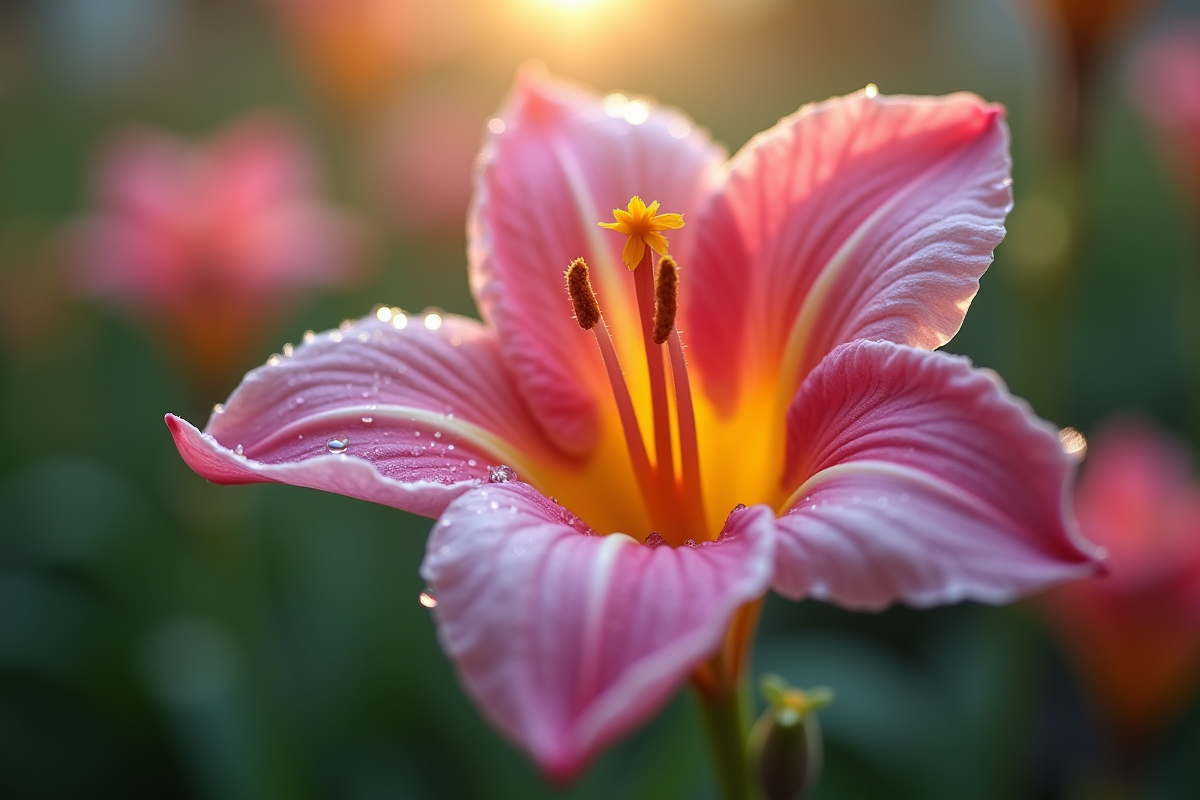 Gros plan sur une fleur en U avec de la rosée et fond flou