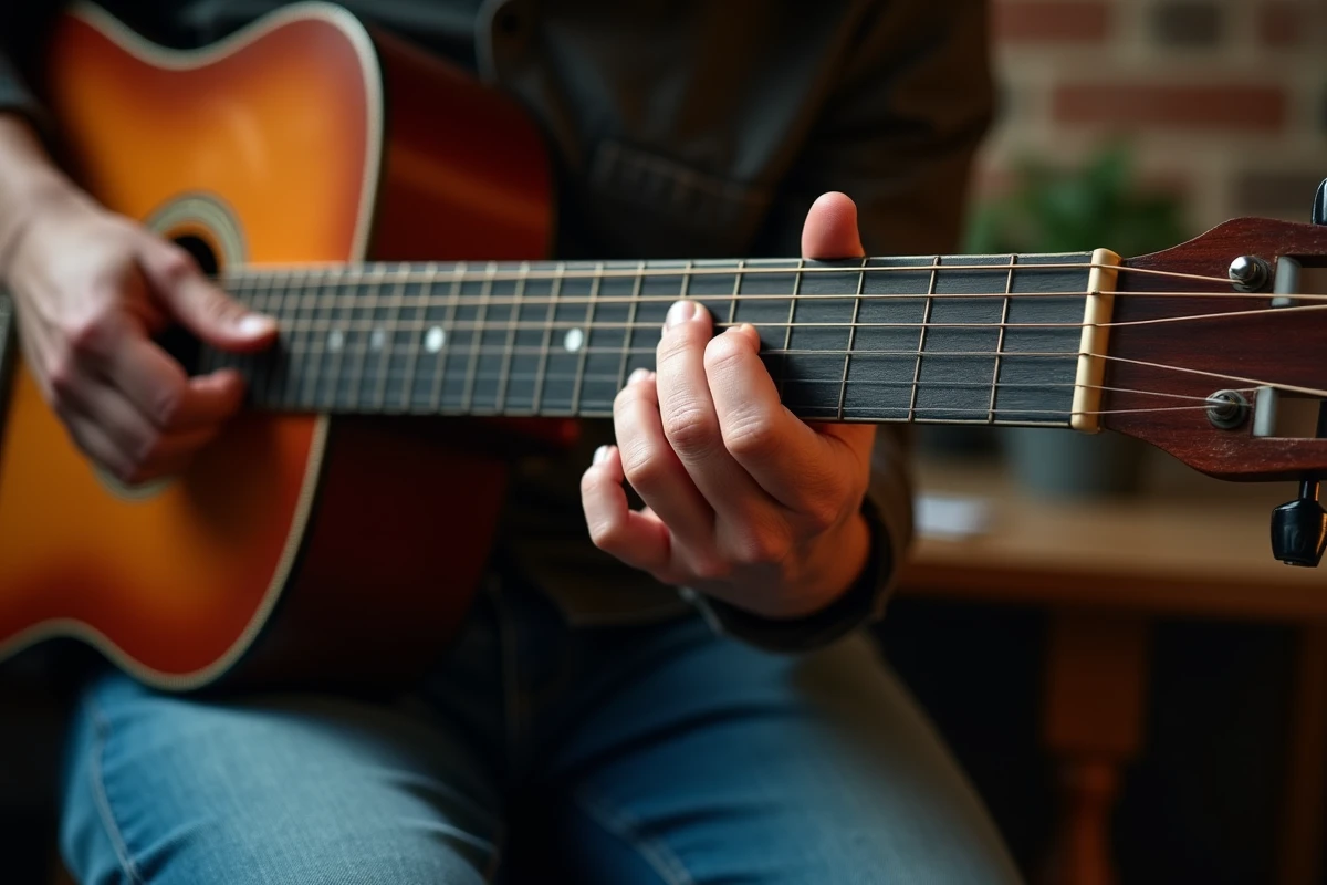 Gros plan sur une main formant un accord de guitare acoustique, détail des doigts sur le manche pour jouer Petite Marie