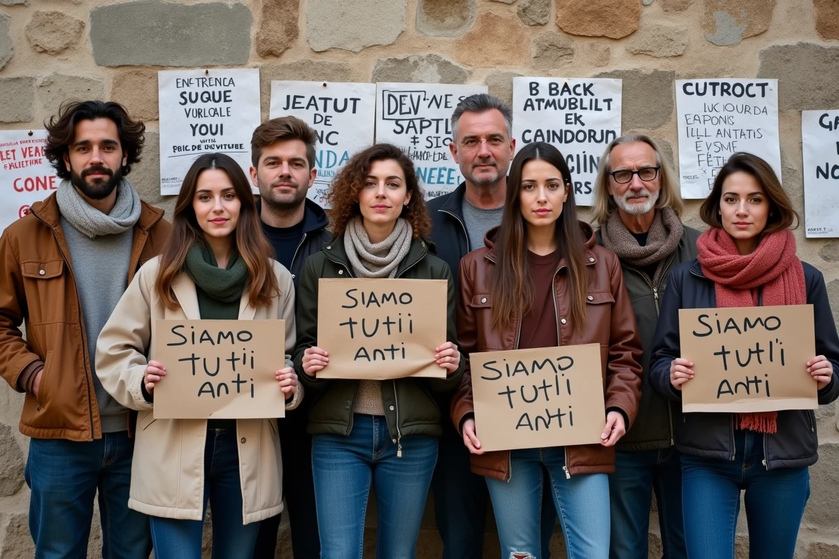 Groupe diversifié avec pancartes anti-slogans en extérieur