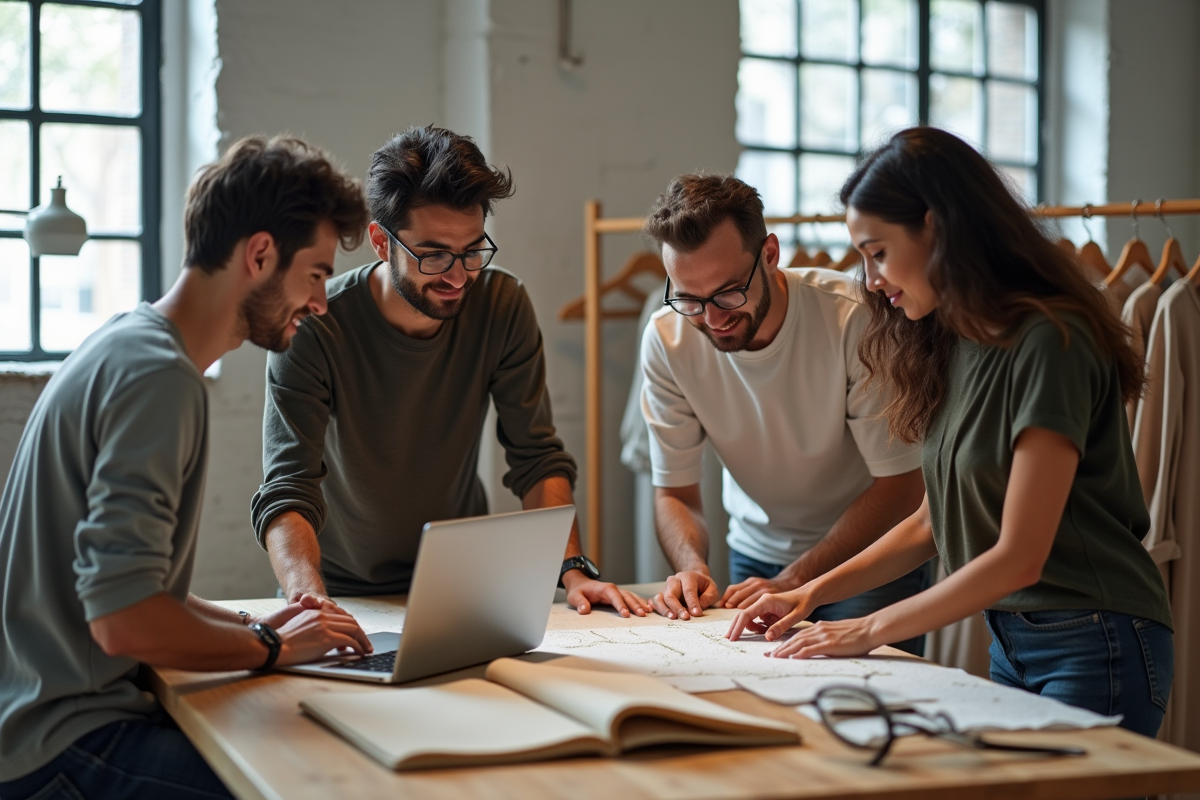 Groupe de designers mode discutant autour d une table avec tissus durables