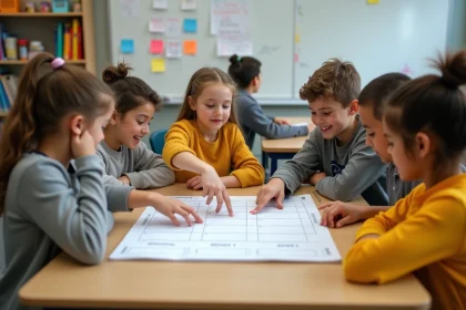 Groupe d'élèves de collège autour d'un planificateur