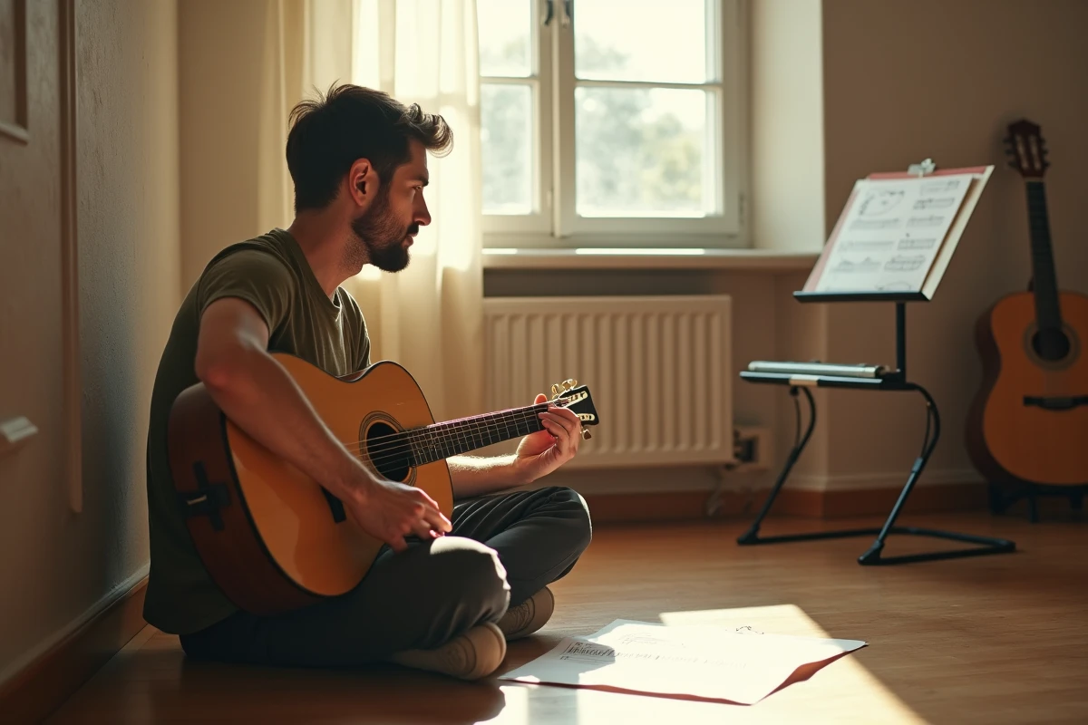 Guitariste masculin étudiant des accords sur une fiche manuscrite posée au sol pour apprendre Petite Marie