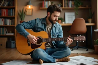 Jeune guitariste jouant de la guitare acoustique en lisant des partitions imprimées posées sur un plancher en bois dans un studio home recording chaleureux