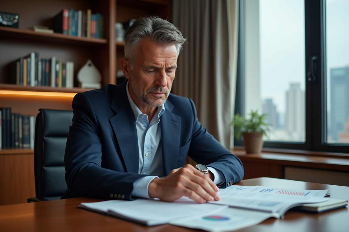 Homme d'affaires en costume navy dans un bureau moderne
