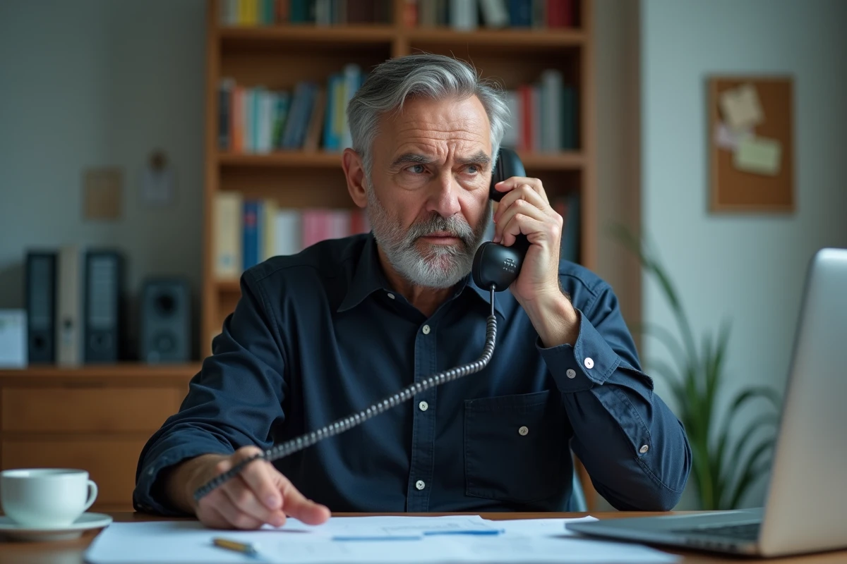 Homme d'âge mûr au téléphone fixe dans un bureau à domicile avec une expression méfiante
