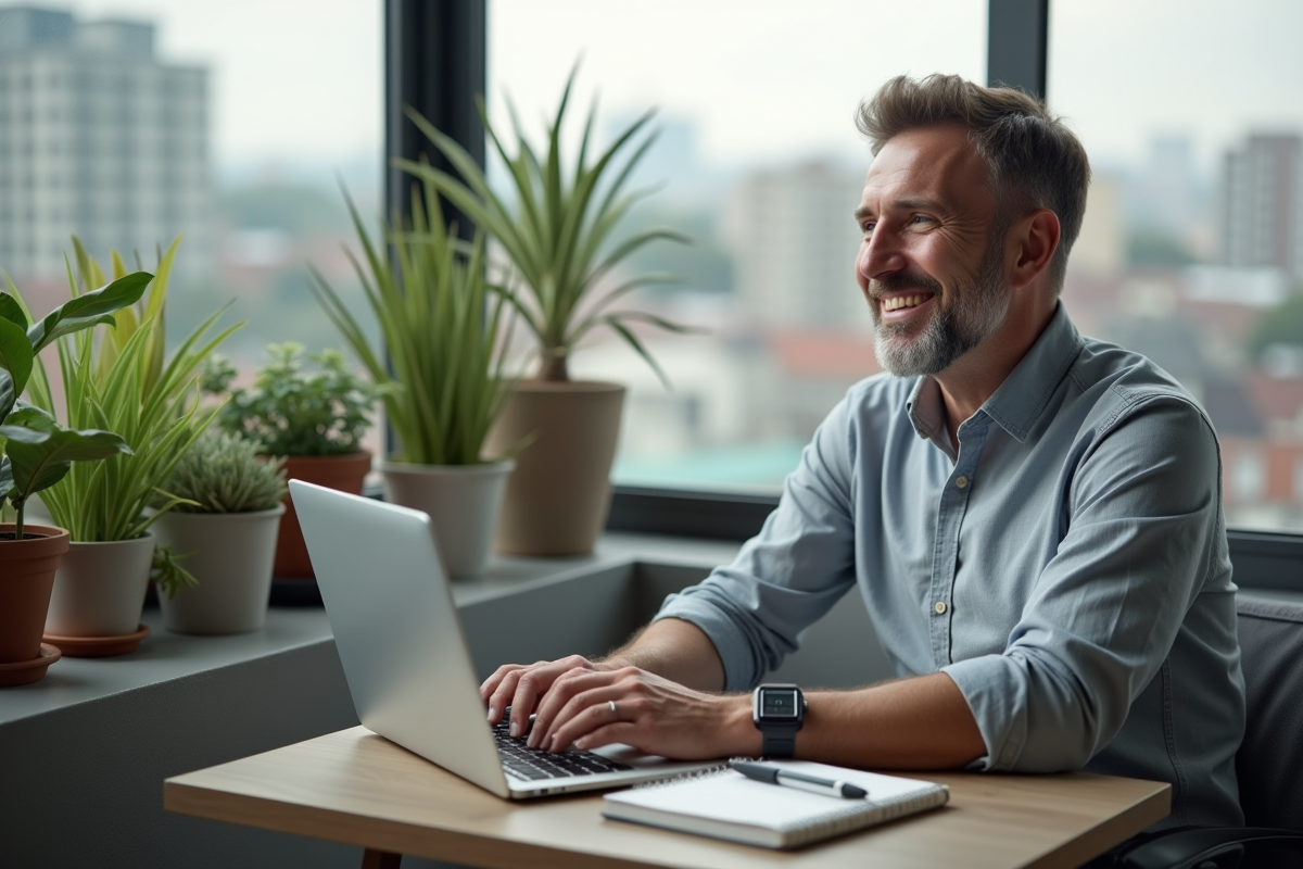 Homme en télétravail sur un balcon urbain avec ordinateur portable