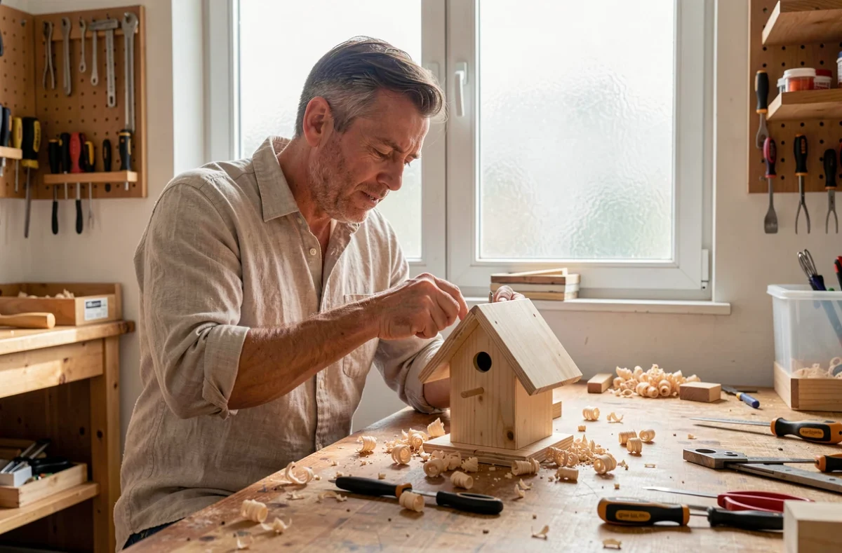 Homme adulte réalisant un travail manuel en bois dans un atelier pour soulager le stress et l'anxiété au quotidien