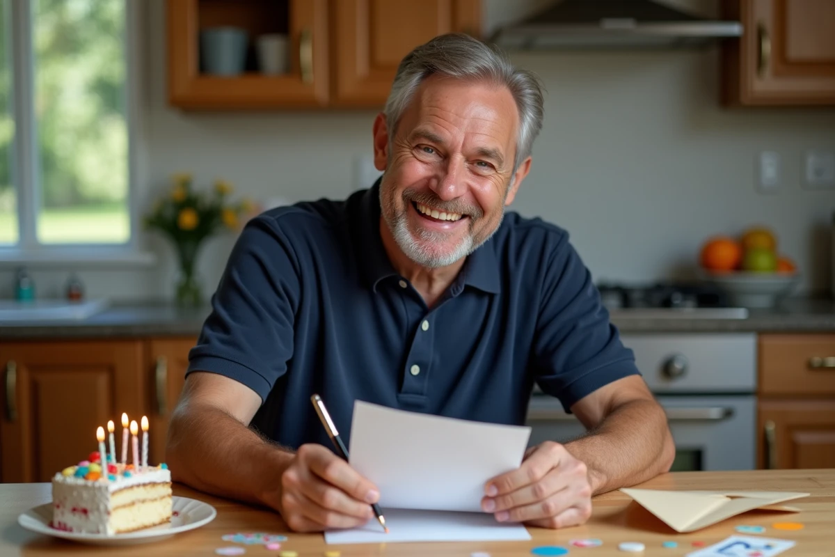 Homme souriant écrivant une carte d'anniversaire drôle à la main avec un gâteau d'anniversaire sur la table de cuisine