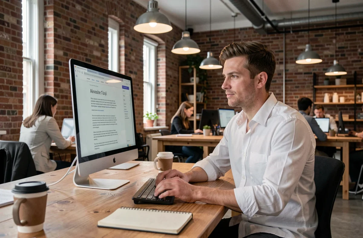 Homme consultant ChatGPT en français dans un espace de coworking moderne