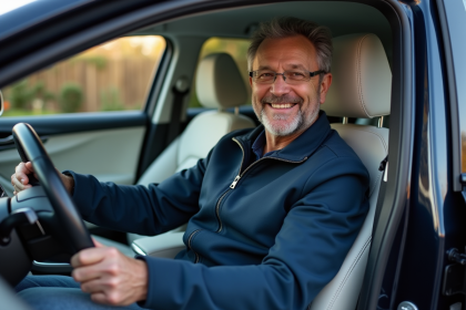 Homme d'âge moyen souriant dans sa voiture neuve