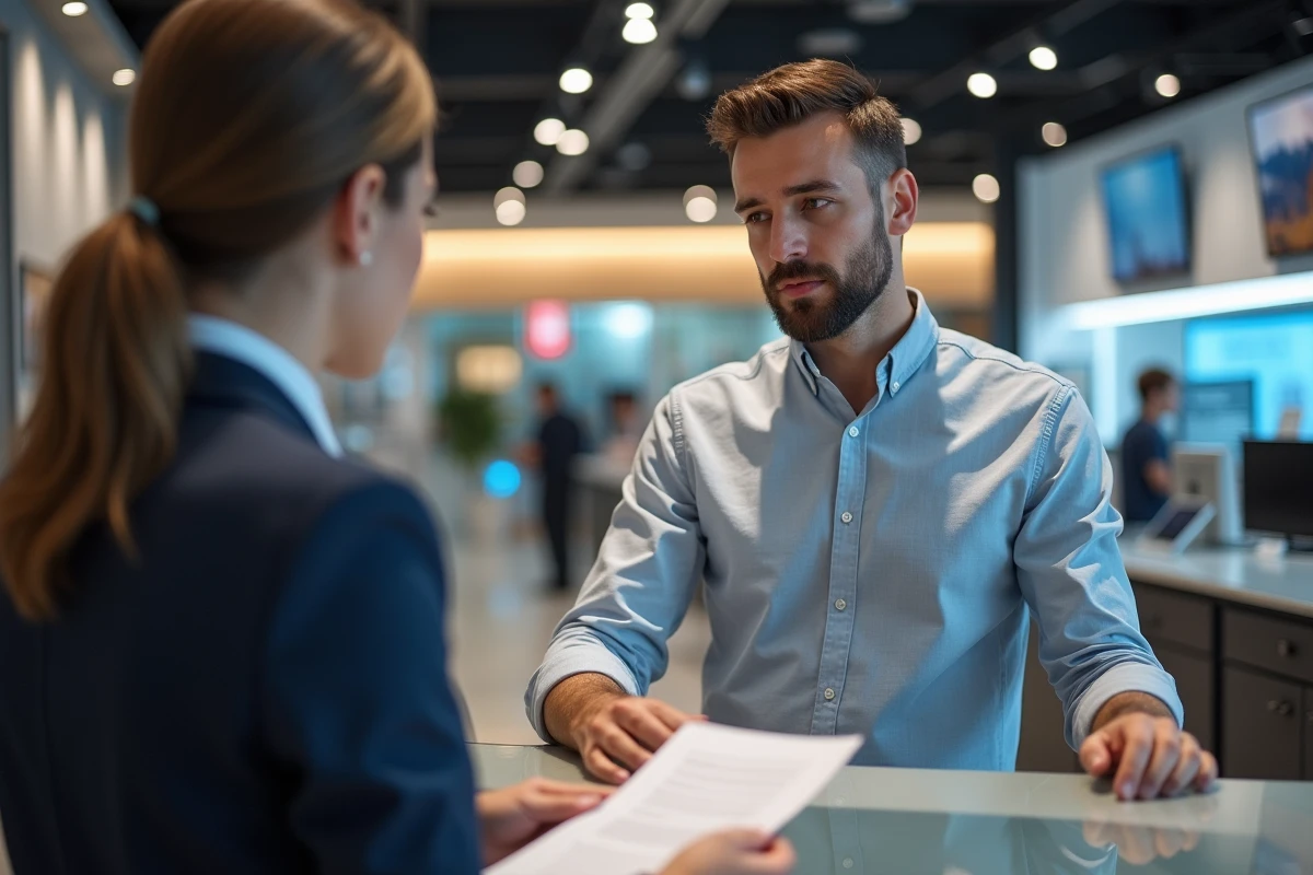 Jeune homme discutant de garantie avec un conseiller en magasin