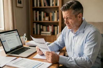 Homme lisant attentivement une facture à contester à son bureau à domicile, stylo en main