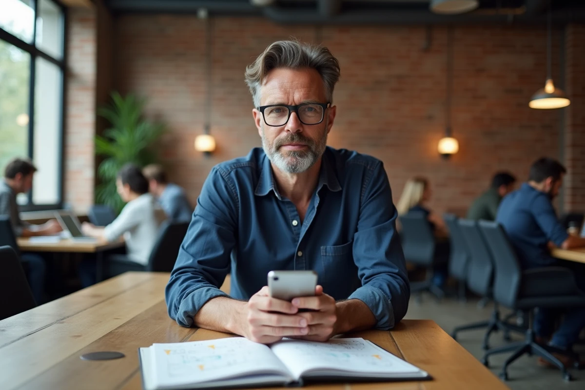 Homme en espace de coworking analysant des opportunités de revenus complémentaires dans un carnet de notes
